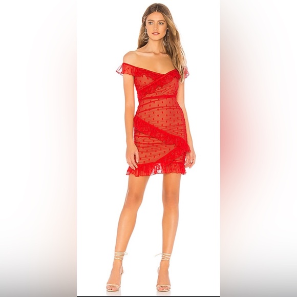 Majorelle Off Shoulder Bandit Mini Dress in Red Swiss Dot TB5